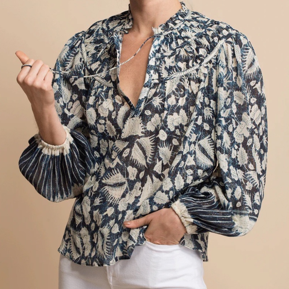 Ulla Johnson Blue and Cream Floral Blouse